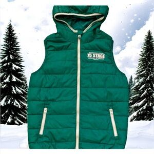 Zara Kelly Green Puffer Vest Hooded Quilted Jacket Size 7/8 Down Filled Plush